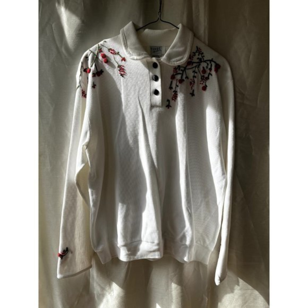 Vintage Pullover Teddi White Shirt Flower Roses Applique Womens Large Long Sleev